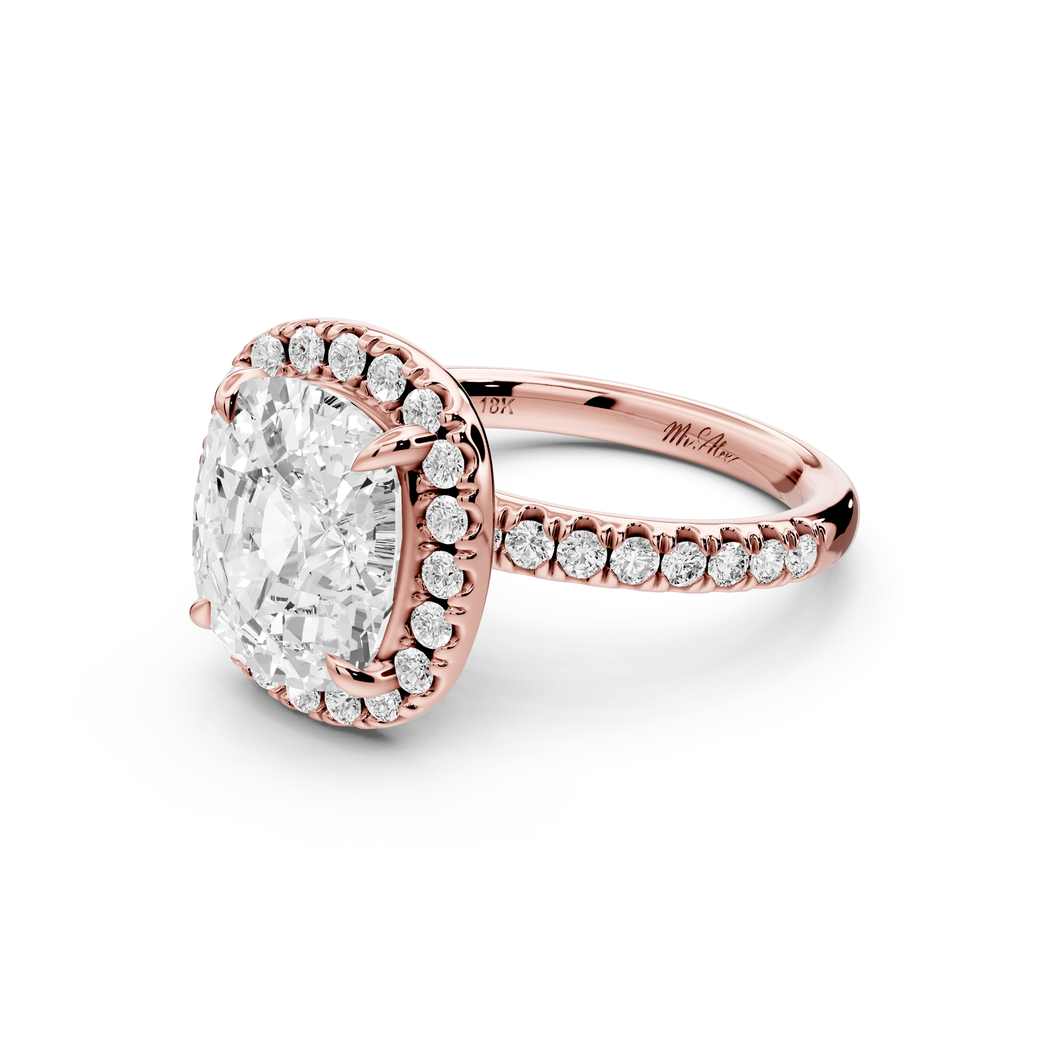 Marina - 5ct 14k rose gold ecushion halo pavé half band engagement ring - Mr. Alex Jewelry