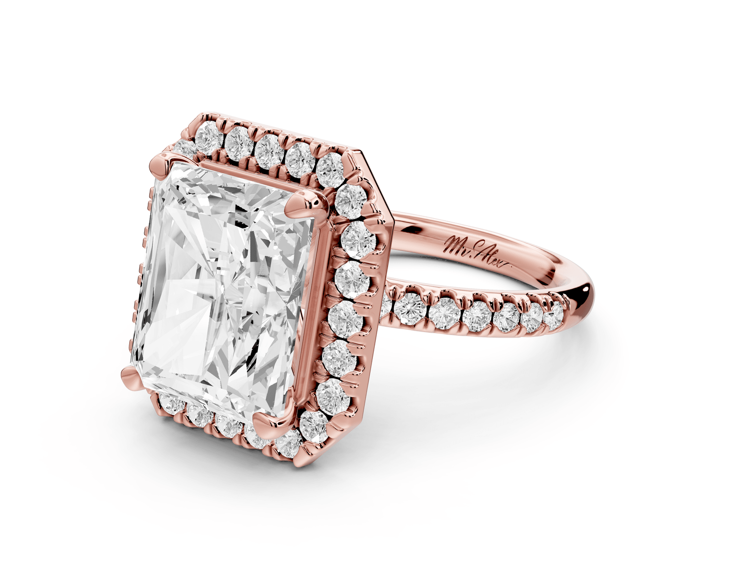 Marina - 5ct 14k rose gold radiant halo pavé half band engagement ring - Mr. Alex Jewelry