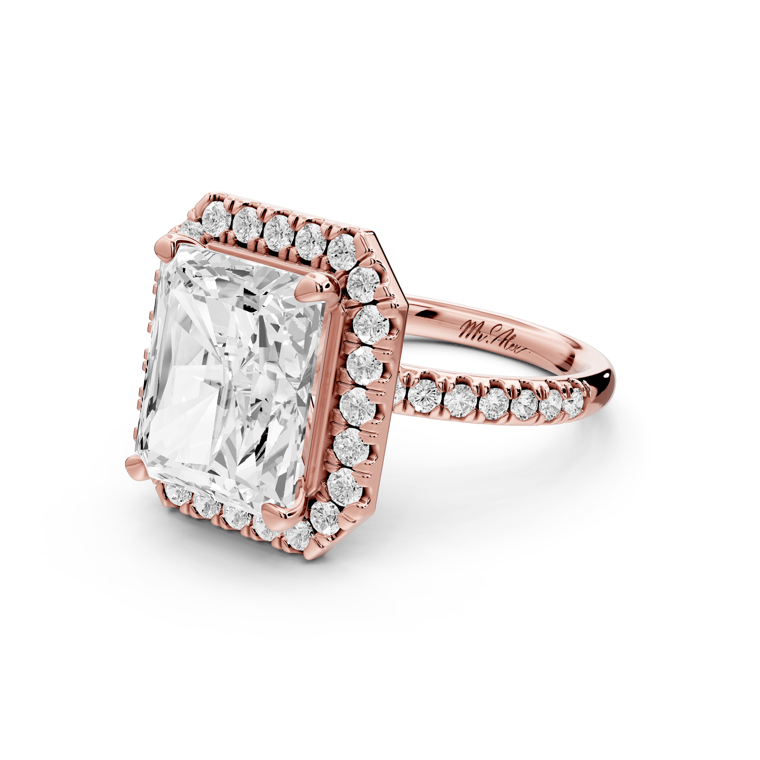 Marina - 5ct 14k rose gold radiant halo pavé half band engagement ring - Mr. Alex Jewelry