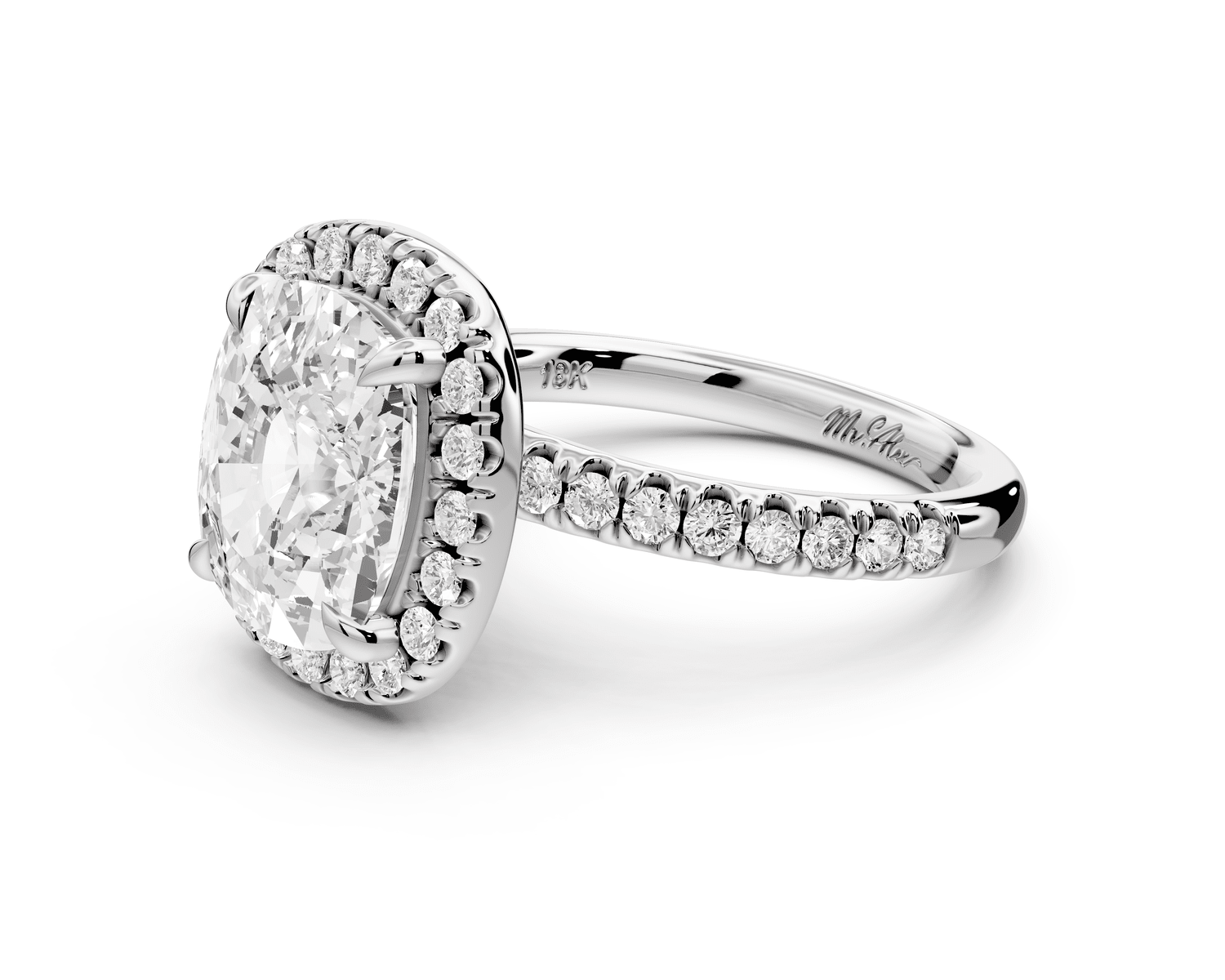 Marina - 5ct 14k white gold cushion halo pavé half band engagement ring - Mr. Alex Jewelry