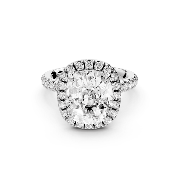 Marina - 5ct 14k white gold ecushion halo pavé half band engagement ring - Mr. Alex Jewelry