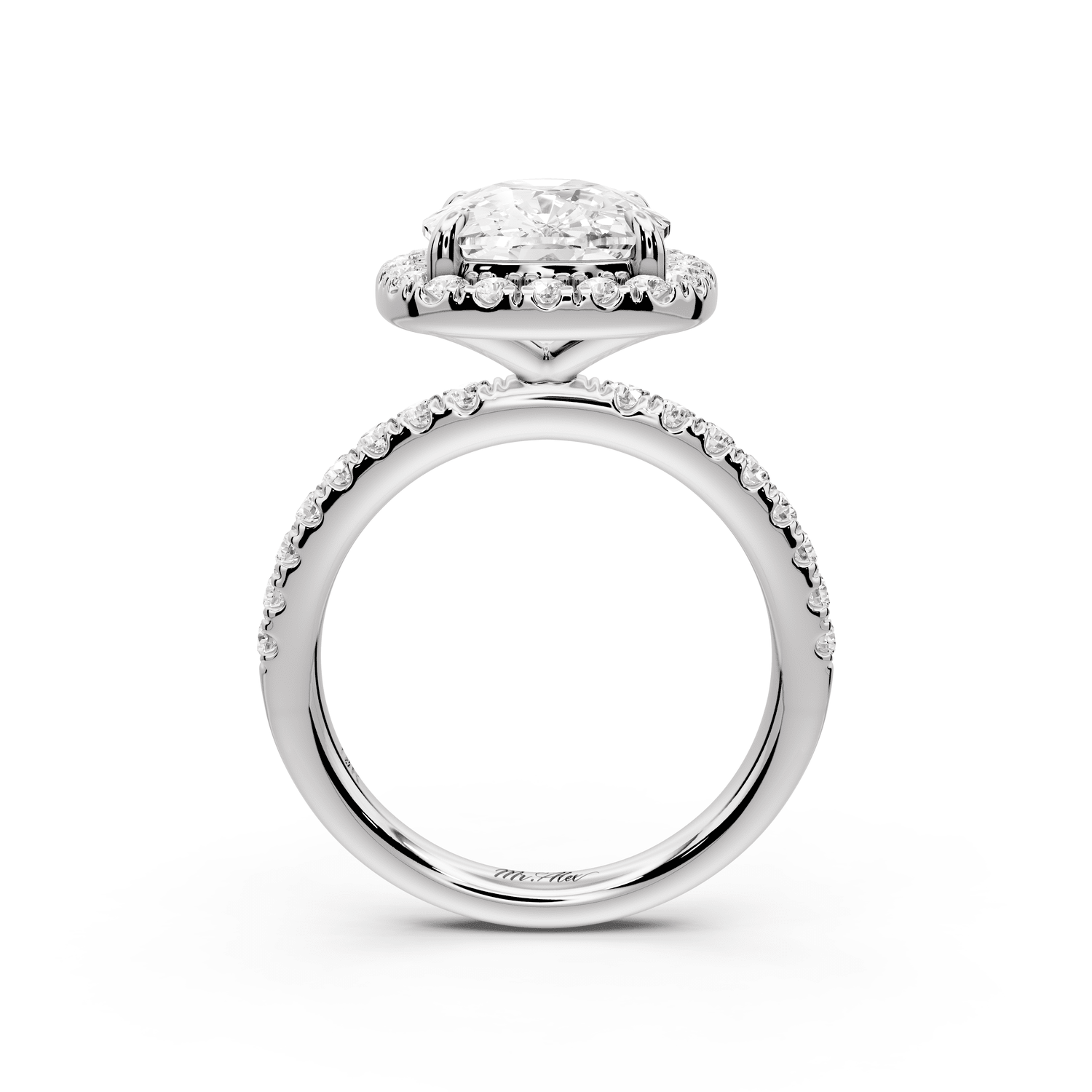 Marina - 5ct 14k white gold ecushion halo pavé half band engagement ring - Mr. Alex Jewelry