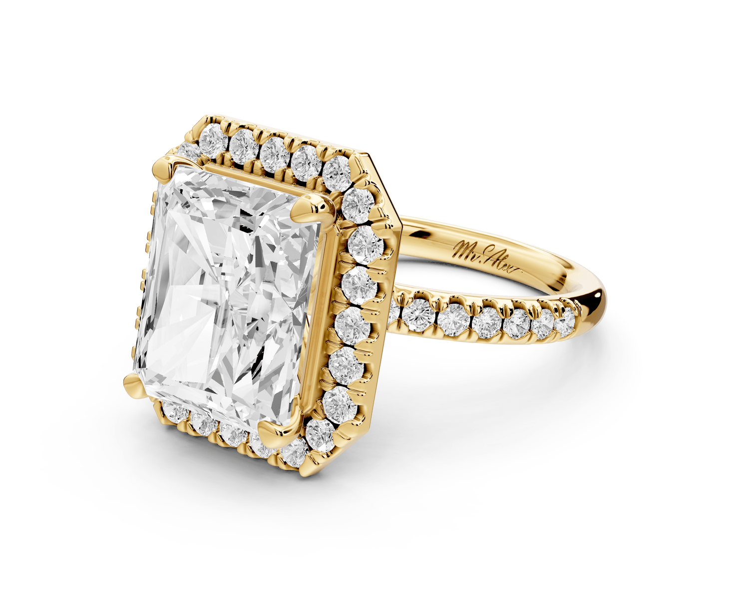 Marina - 5ct 14k yellow gold radiant halo pavé half band engagement ring - Mr. Alex Jewelry