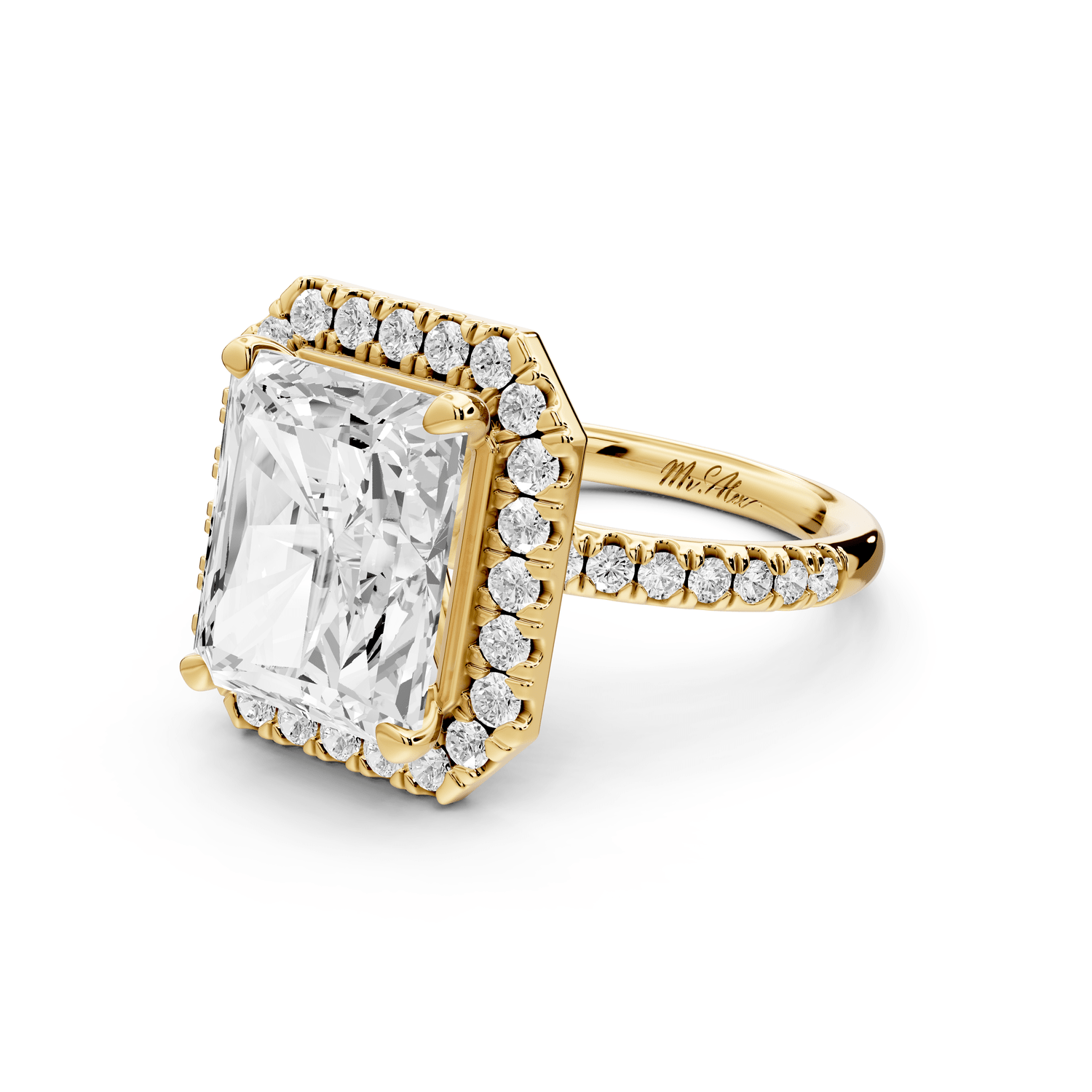 Marina - 5ct 14k yellow gold radiant halo pavé half band engagement ring - Mr. Alex Jewelry
