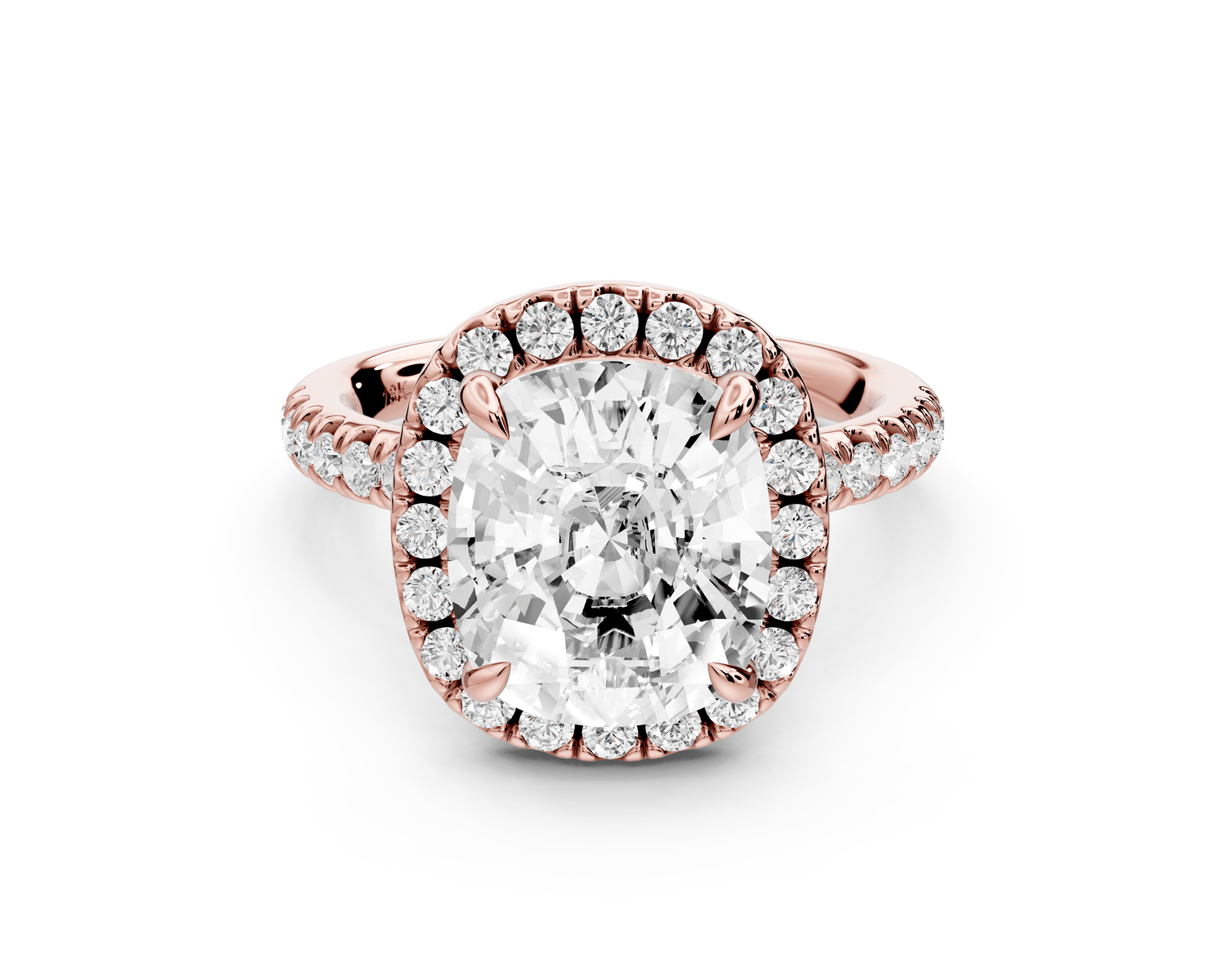 Marina - 5ct 18k rose gold ecushion halo pavé half band engagement ring - Mr. Alex Jewelry