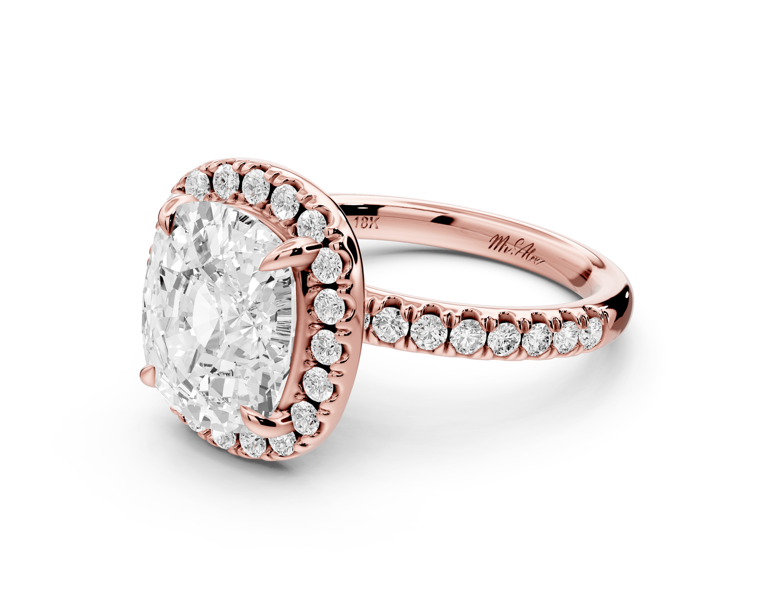 Marina - 5ct 18k rose gold ecushion halo pavé half band engagement ring - Mr. Alex Jewelry