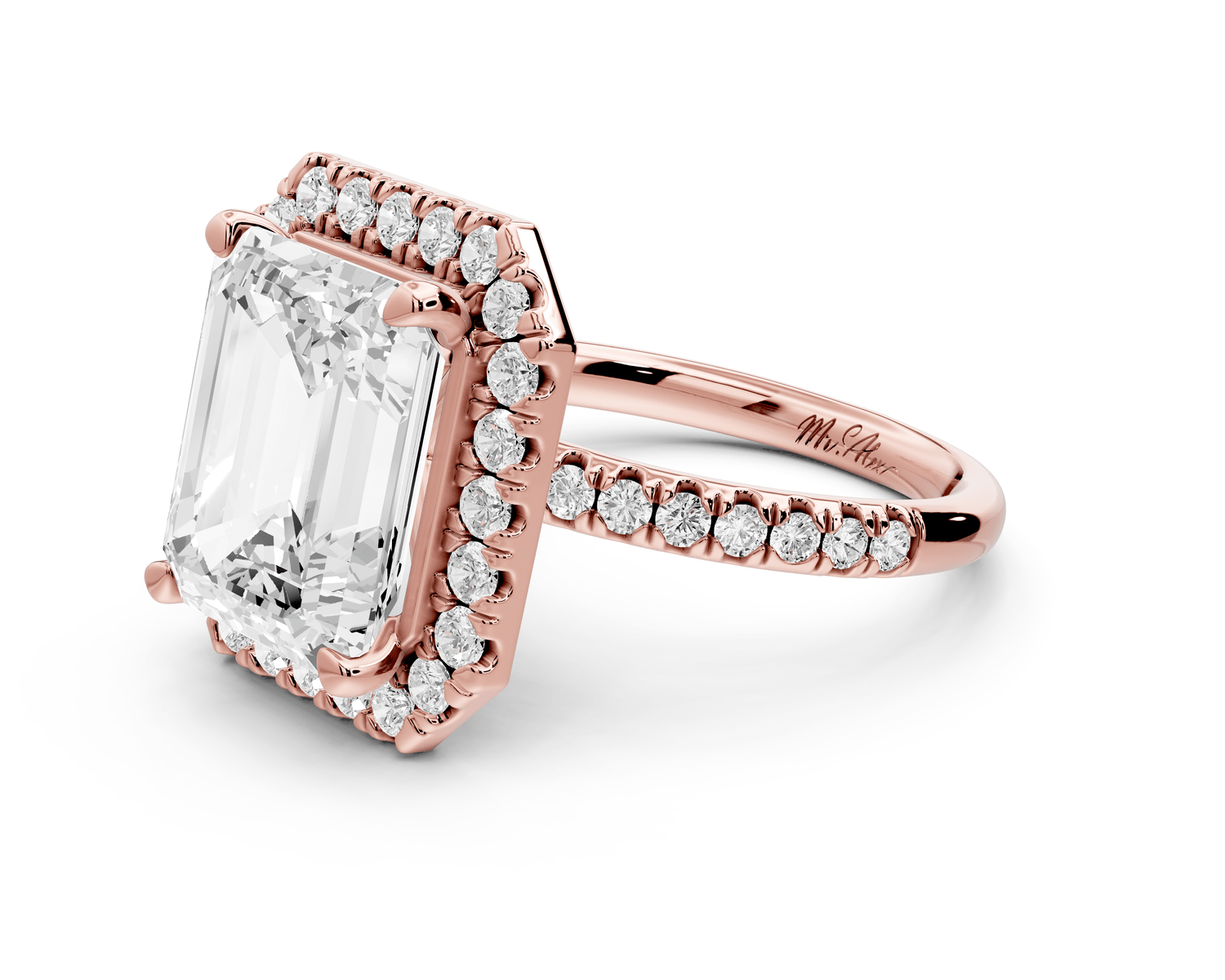 Marina - 5ct 18k rose gold emerald halo pavé half band engagment ring - Mr. Alex Jewelry