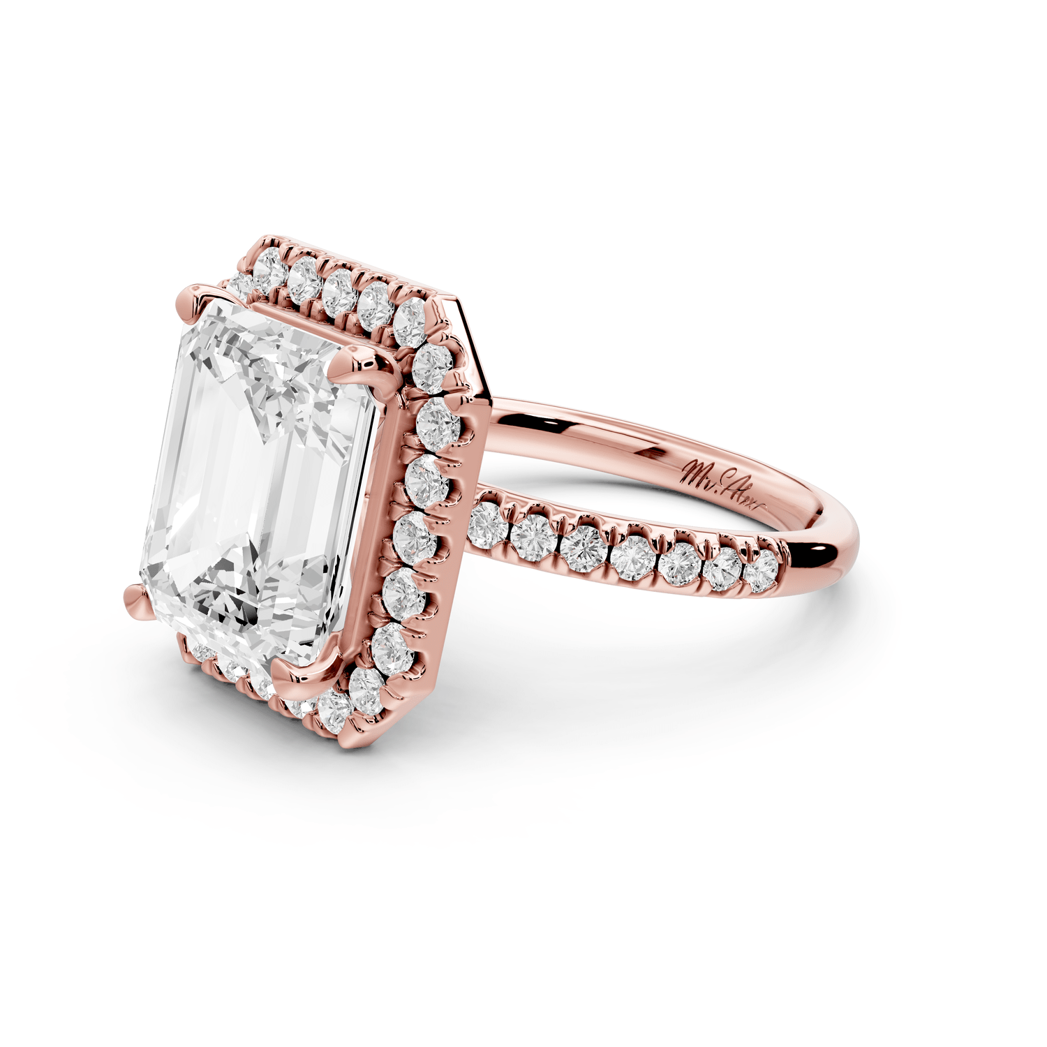 Marina - 5ct 18k rose gold emerald halo pavé half band engagment ring - Mr. Alex Jewelry