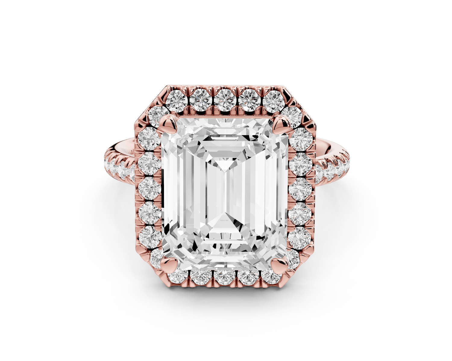 Marina - 5ct 18k rose gold emerald halo pavé half band engagment ring - Mr. Alex Jewelry