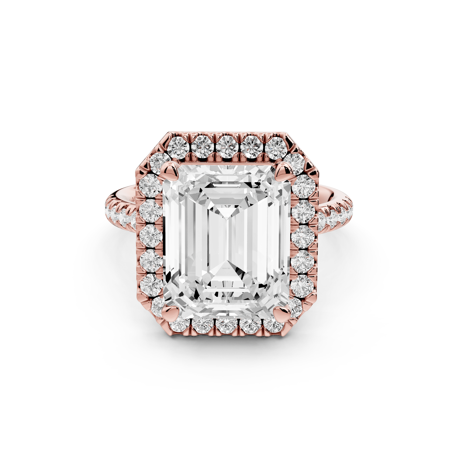 Marina - 5ct 18k rose gold emerald halo pavé half band engagment ring - Mr. Alex Jewelry