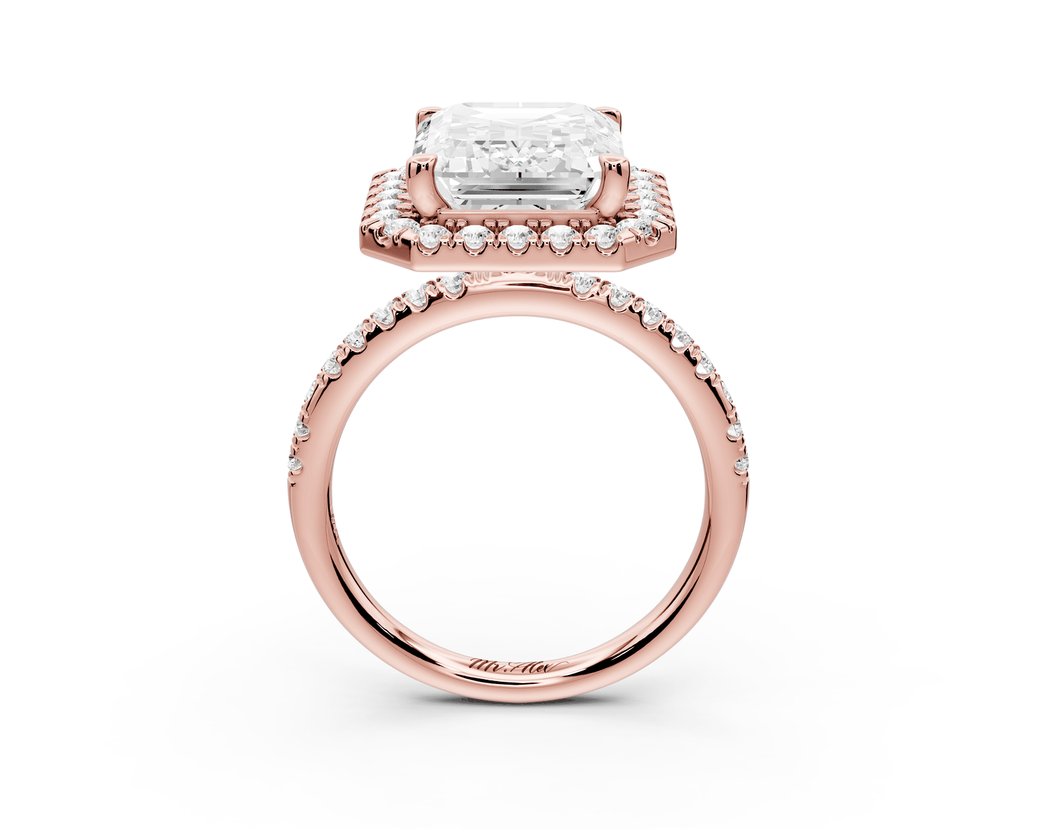 Marina - 5ct 18k rose gold emerald halo pavé half band engagment ring - Mr. Alex Jewelry