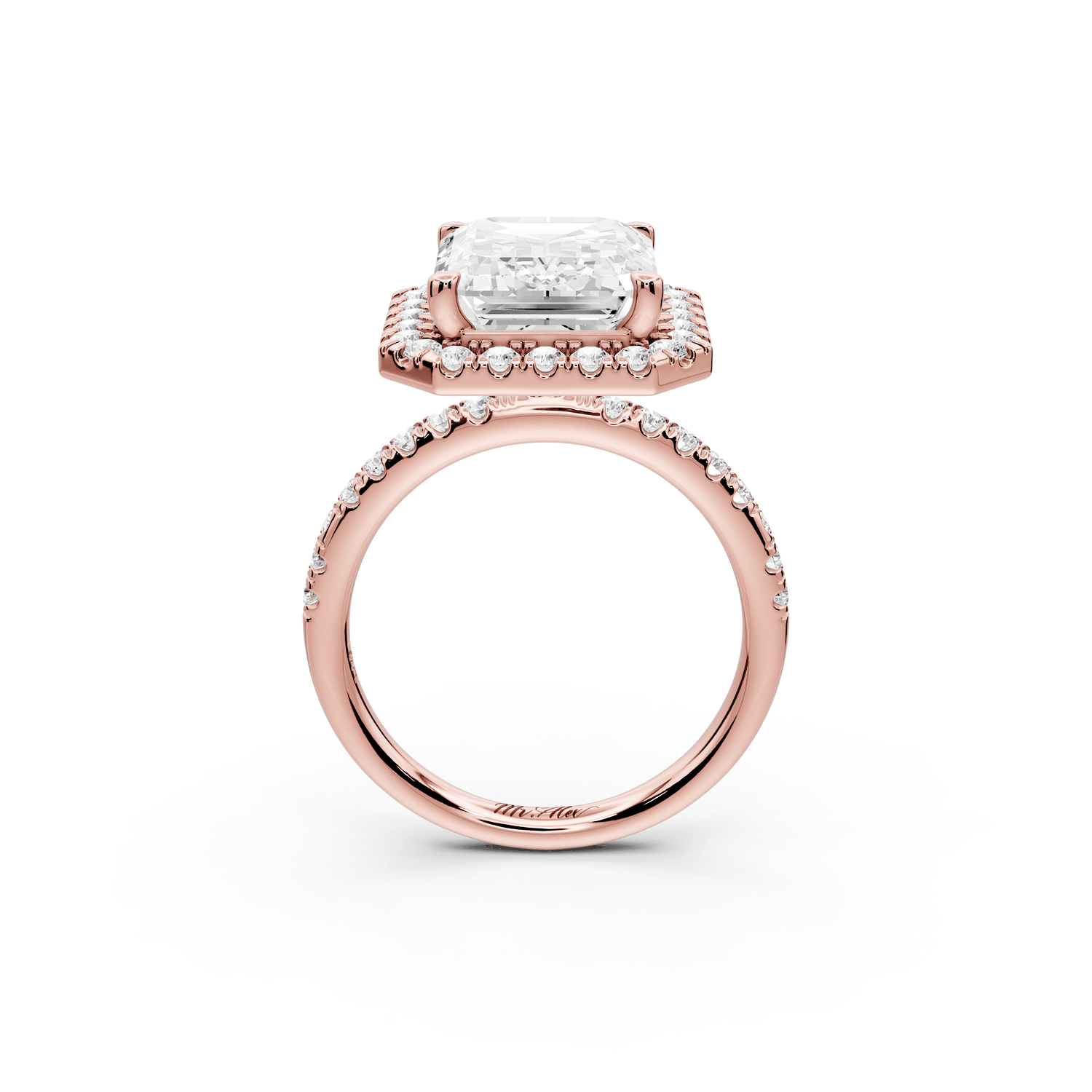 Marina - 5ct 18k rose gold emerald halo pavé half band engagment ring - Mr. Alex Jewelry