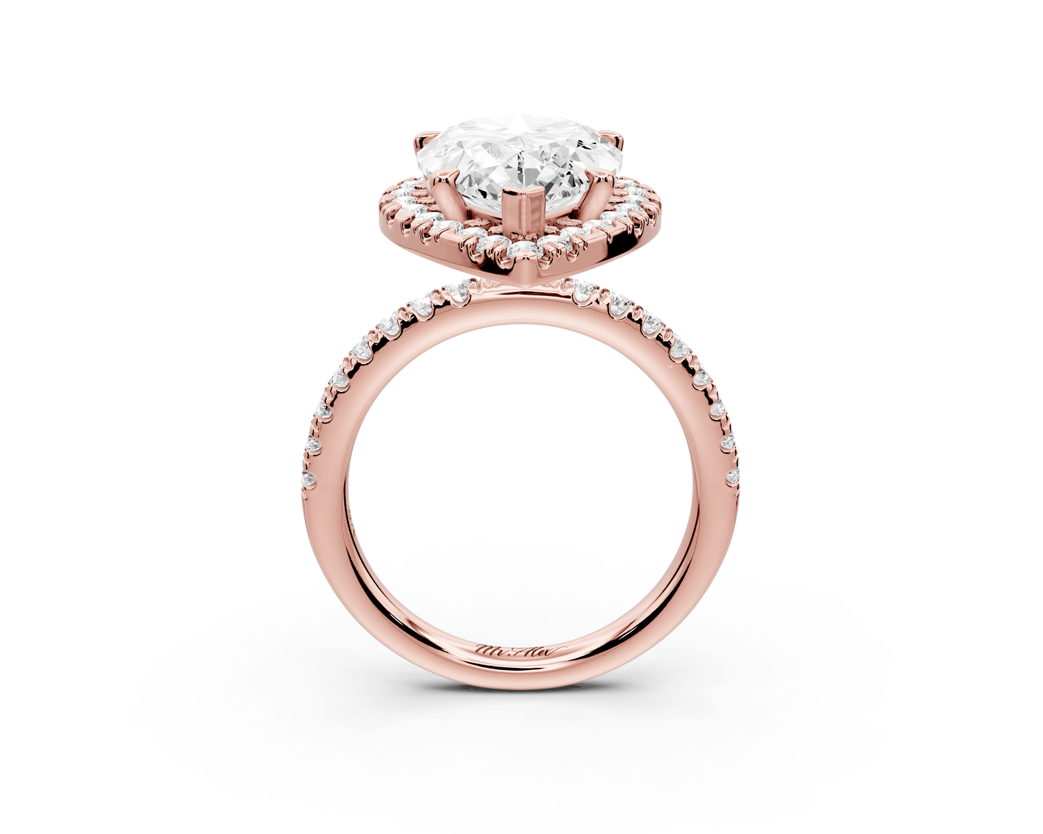 Marina - 5ct 18k rose gold pear halo pavé half band engagment ring - Mr. Alex Jewelry