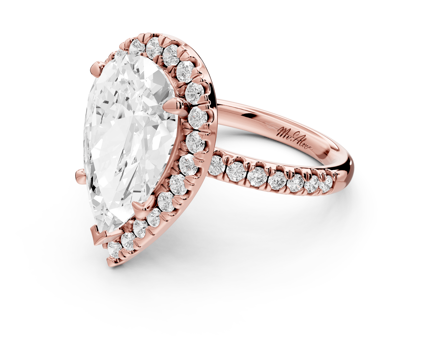 Marina - 5ct 18k rose gold pear halo pavé half band engagment ring - Mr. Alex Jewelry