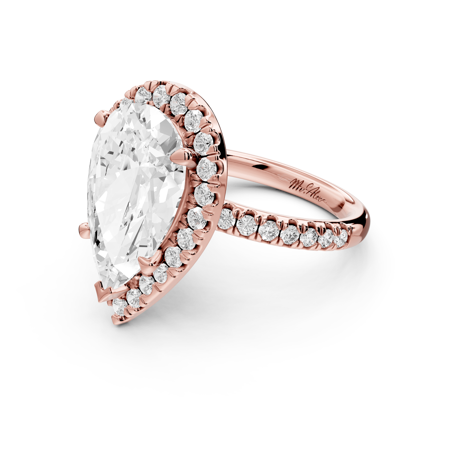 Marina - 5ct 18k rose gold pear halo pavé half band engagment ring - Mr. Alex Jewelry