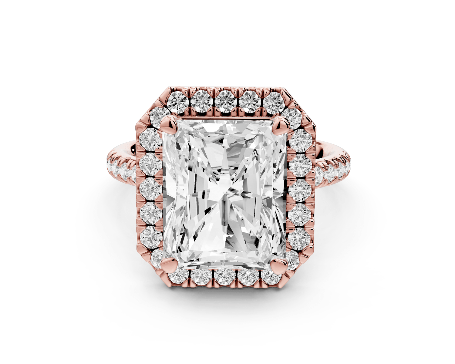 Marina - 5ct 18k rose gold radiant halo pavé half band engagement ring - Mr. Alex Jewelry