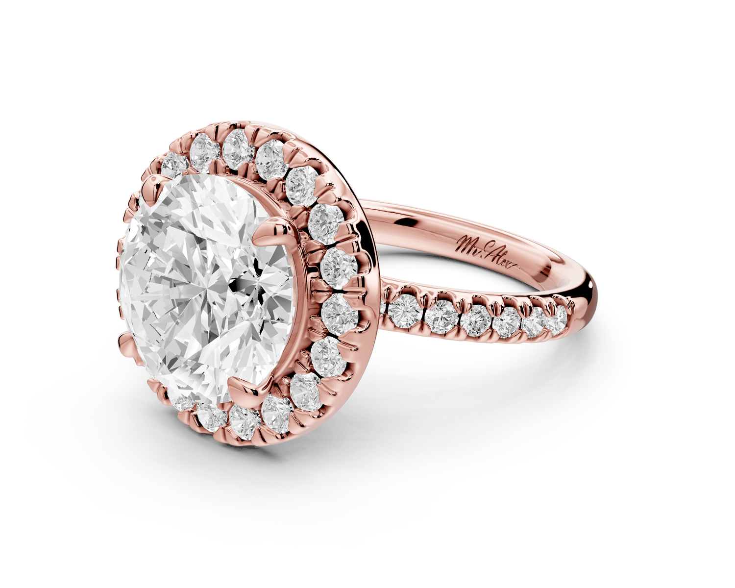 Marina - 5ct 18k rose gold round halo pavé half band engagment ring - Mr. Alex Jewelry