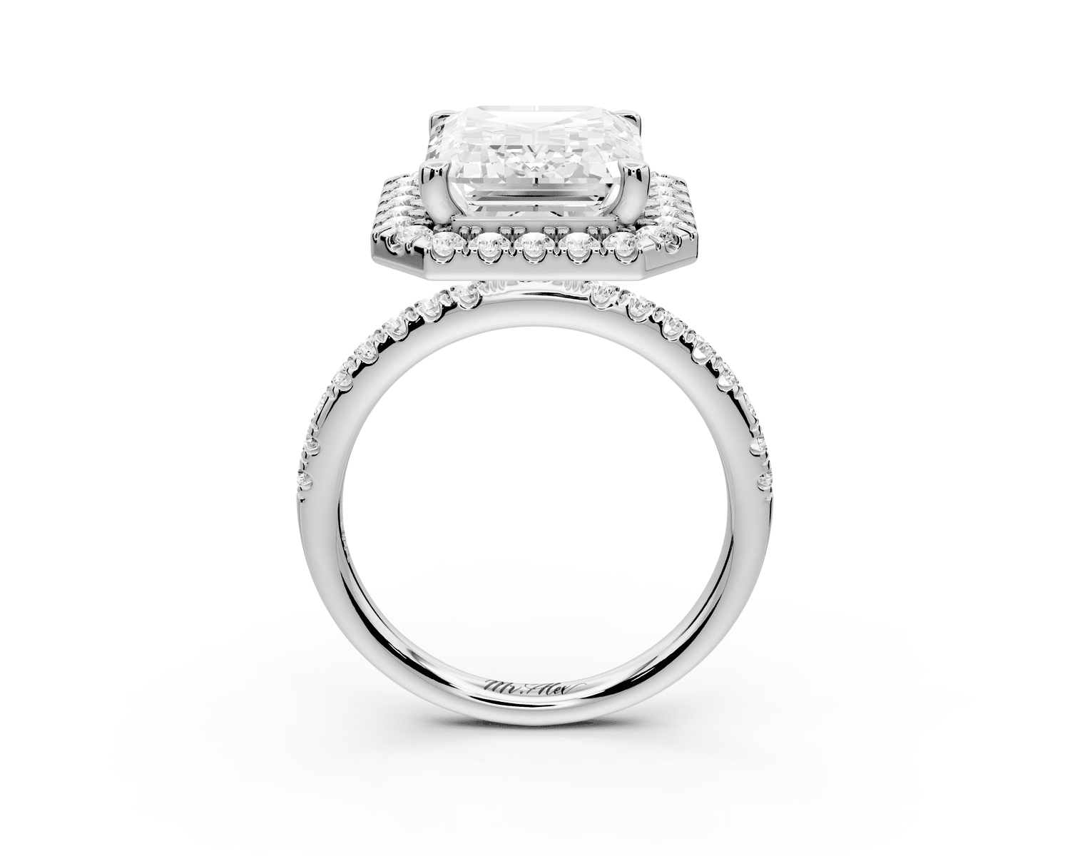 Marina - 5ct 18k white gold emerald halo pavé half band engagment ring - Mr. Alex Jewelry