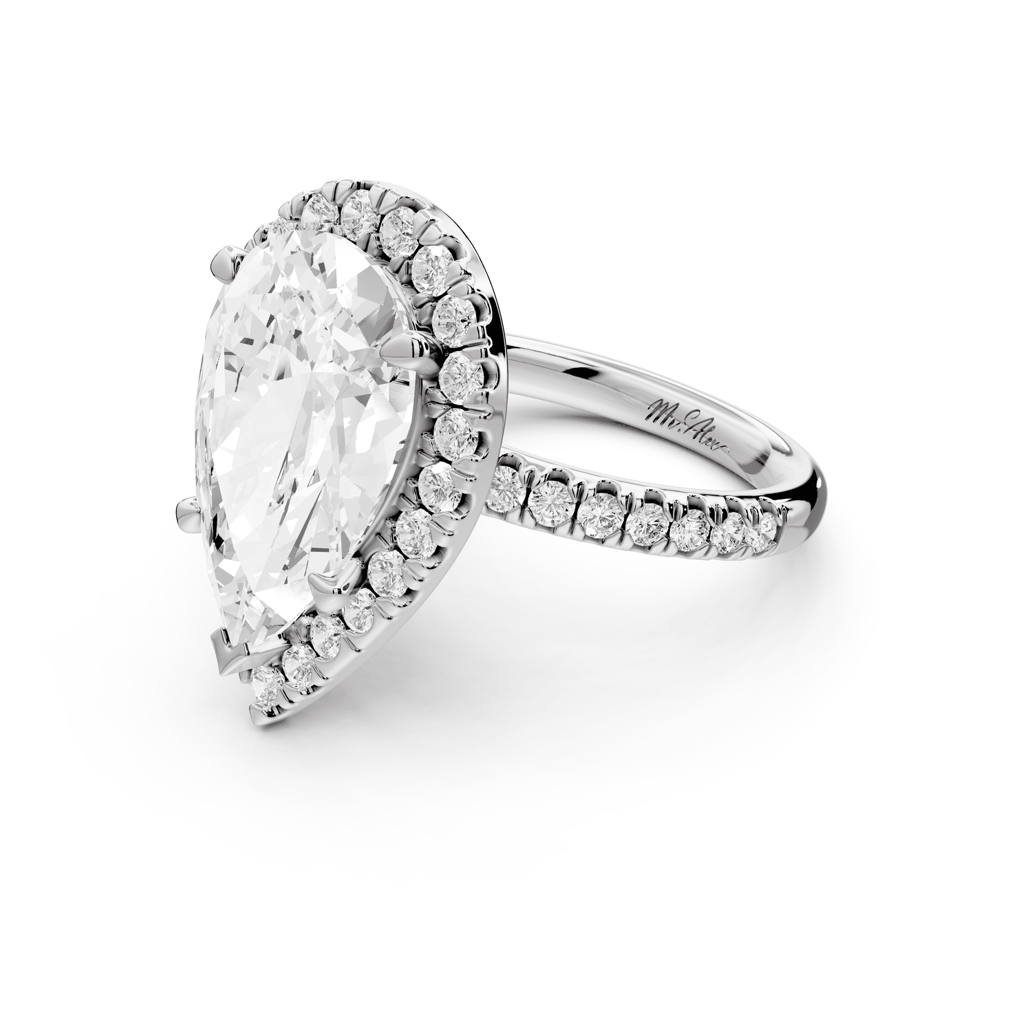 Marina - 5ct 18k white gold pear halo pavé half band engagment ring - Mr. Alex Jewelry