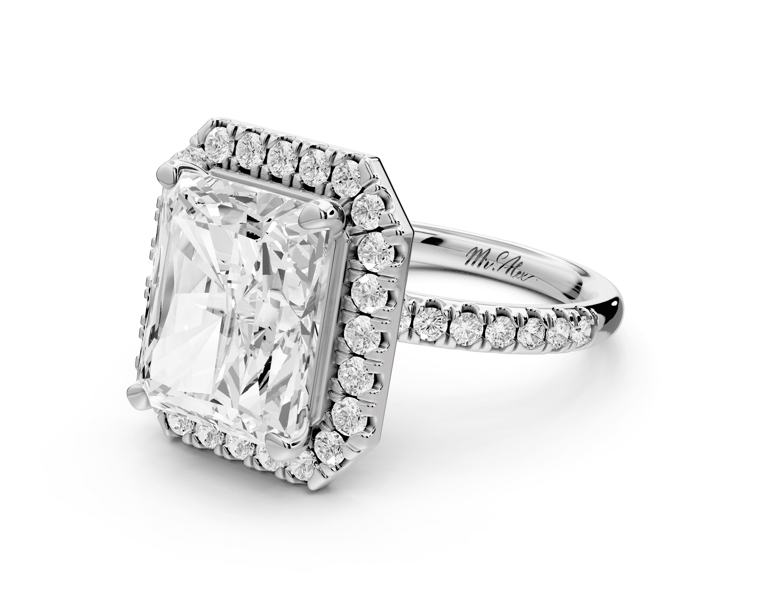 Marina - 5ct 18k white gold radiant halo pavé half band engagement ring - Mr. Alex Jewelry