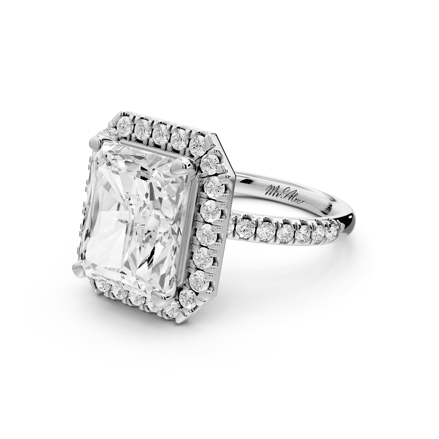 Marina - 5ct 18k white gold radiant halo pavé half band engagement ring - Mr. Alex Jewelry