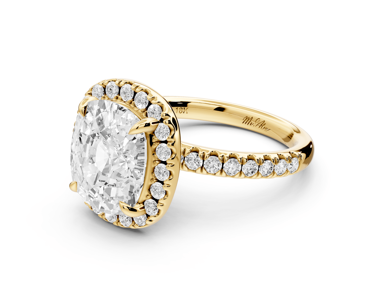 Marina - 5ct 18k yellow gold ecushion halo pavé half band engagement ring - Mr. Alex Jewelry