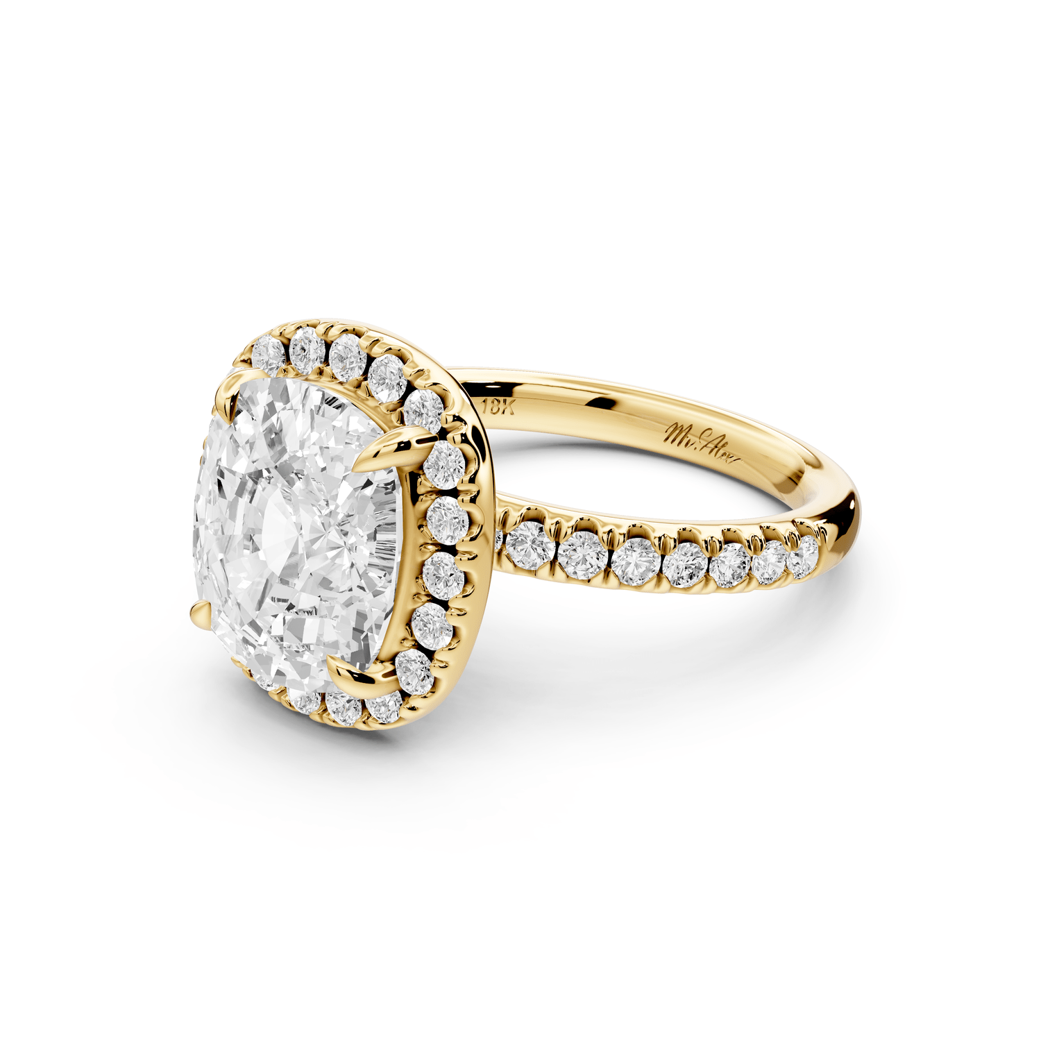 Marina - 5ct 18k yellow gold ecushion halo pavé half band engagement ring - Mr. Alex Jewelry