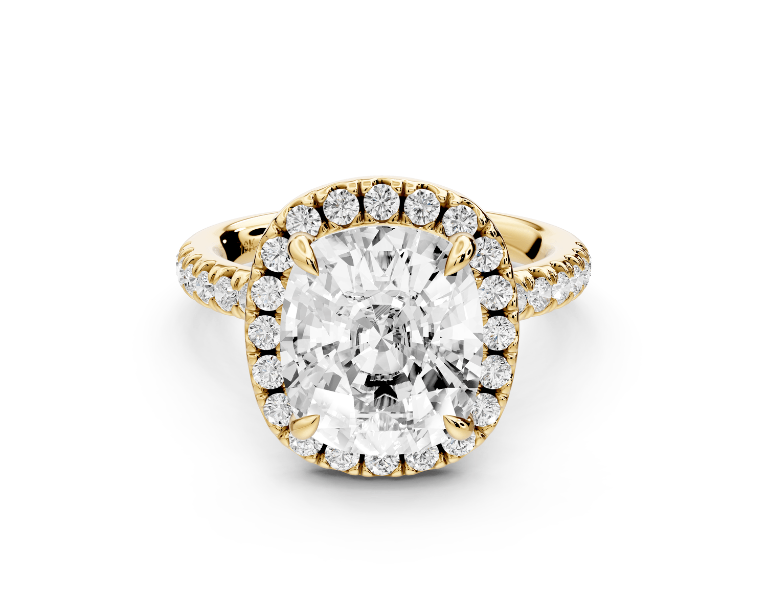 Marina - 5ct 18k yellow gold ecushion halo pavé half band engagement ring - Mr. Alex Jewelry