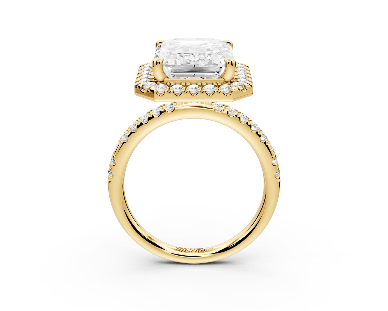 Marina - 5ct 18k yellow gold emerald halo pavé half band engagment ring - Mr. Alex Jewelry