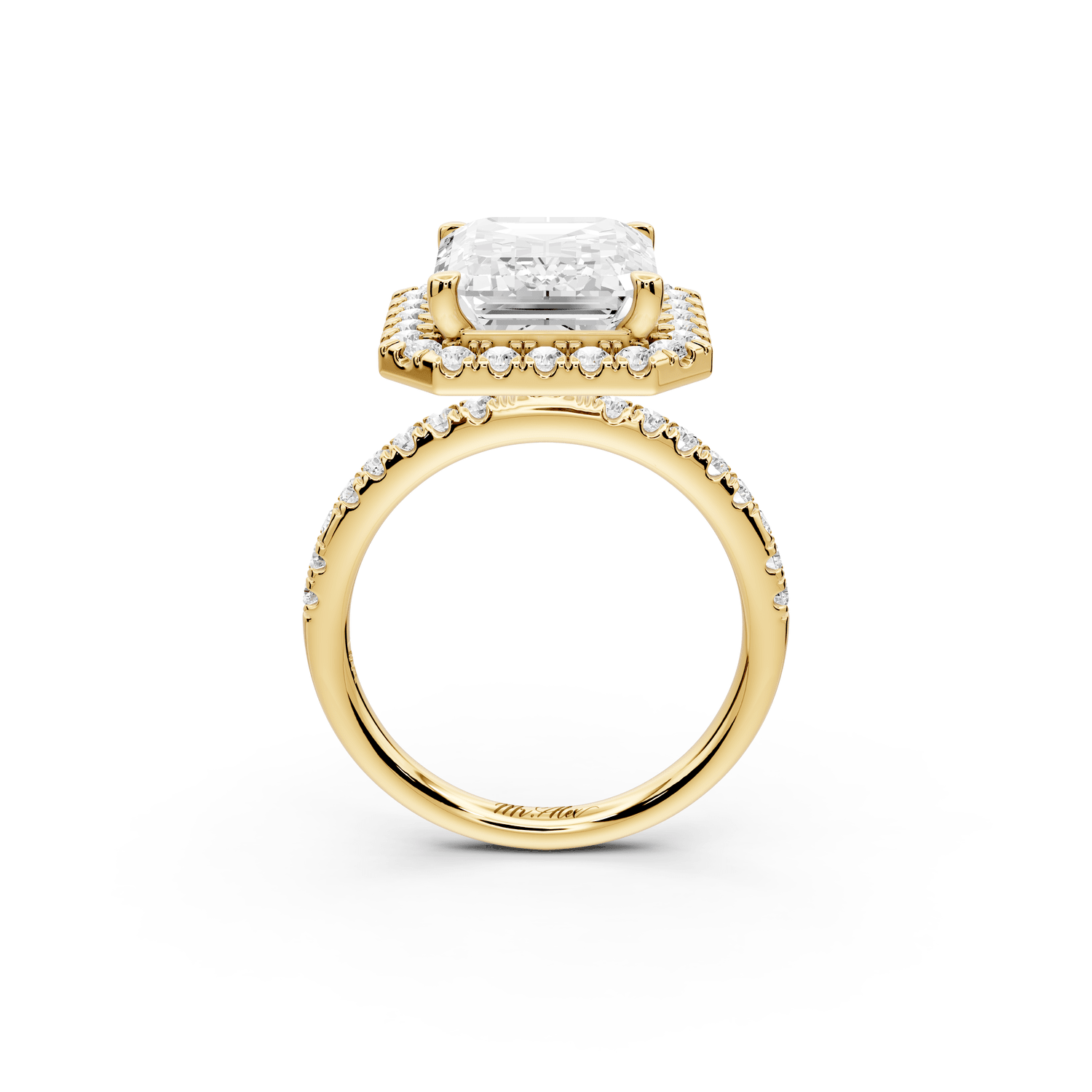 Marina - 5ct 18k yellow gold emerald halo pavé half band engagment ring - Mr. Alex Jewelry