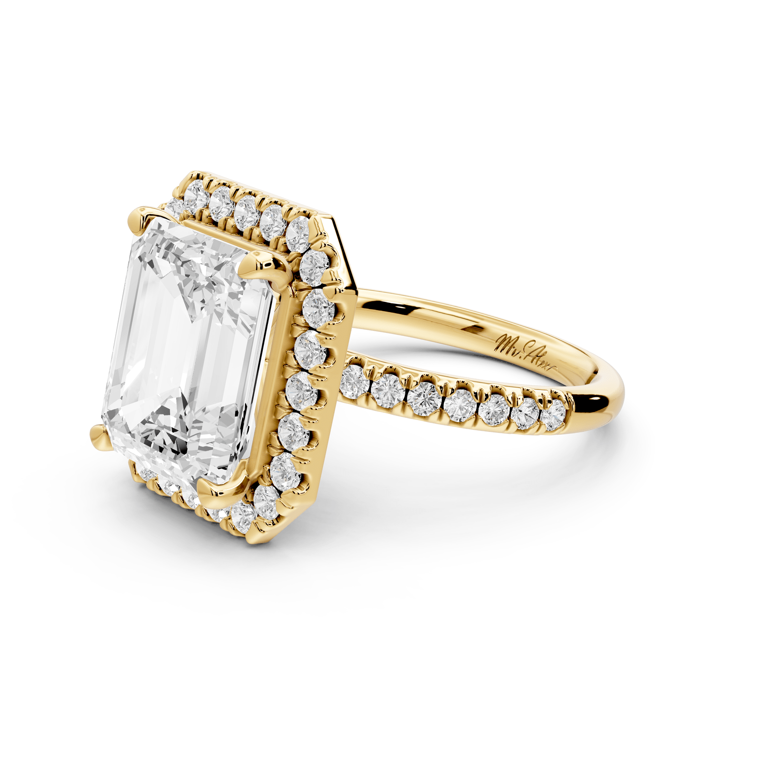 Marina - 5ct 18k yellow gold emerald halo pavé half band engagment ring - Mr. Alex Jewelry