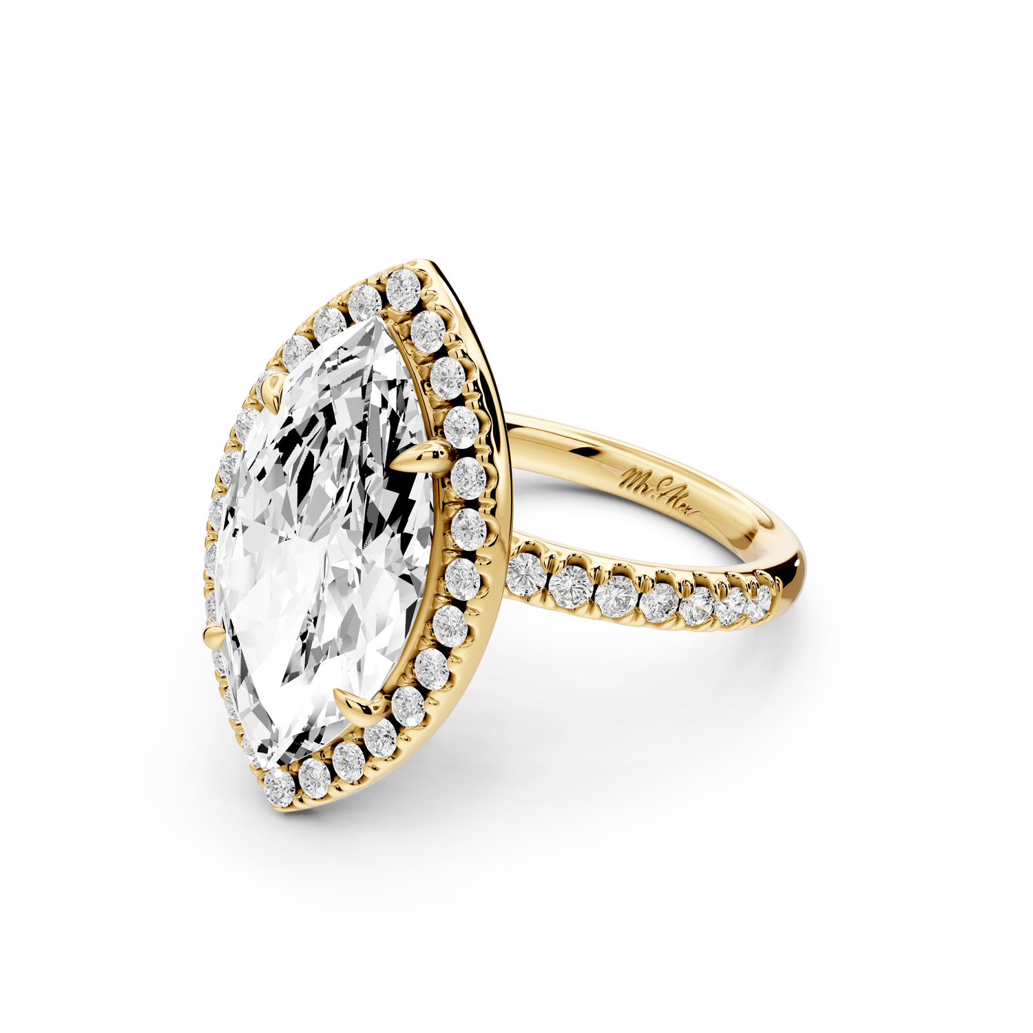 Marina - 5ct 18k yellow gold marquise halo pavé half band engagement ring - Mr. Alex Jewelry