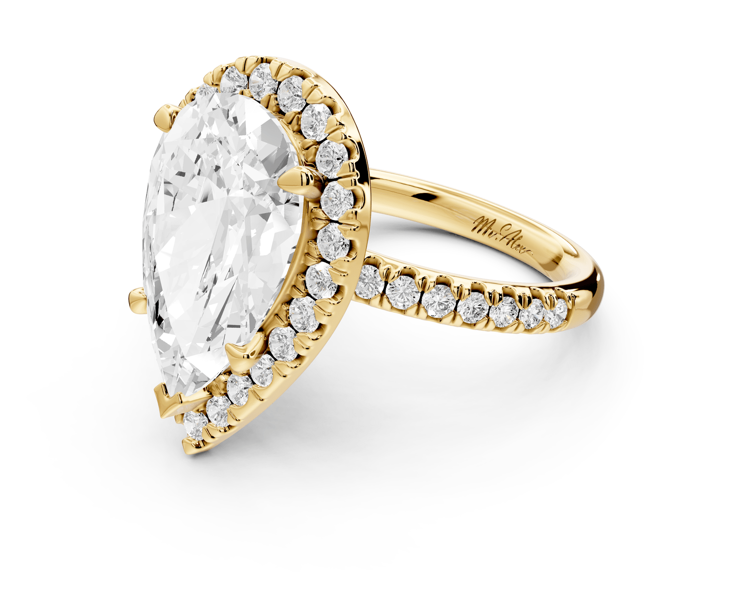 Marina - 5ct 18k yellow gold pear halo pavé half band engagment ring - Mr. Alex Jewelry