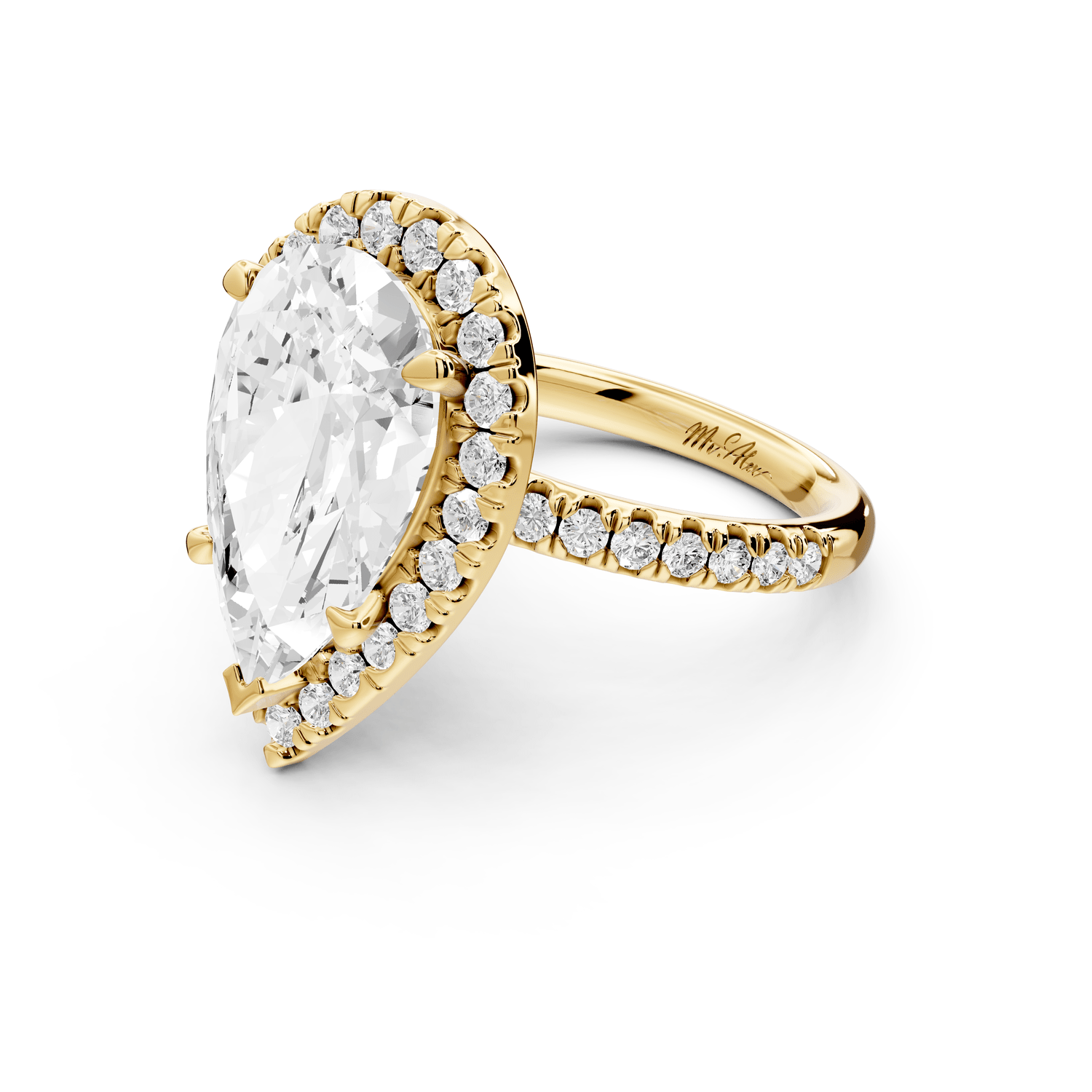 Marina - 5ct 18k yellow gold pear halo pavé half band engagment ring - Mr. Alex Jewelry