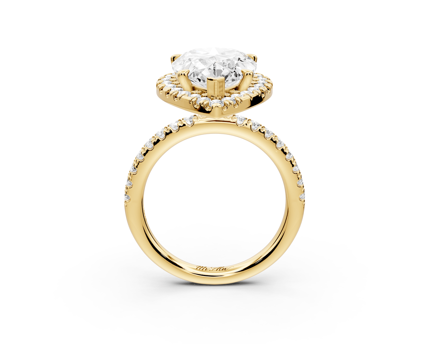 Marina - 5ct 18k yellow gold pear halo pavé half band engagment ring - Mr. Alex Jewelry