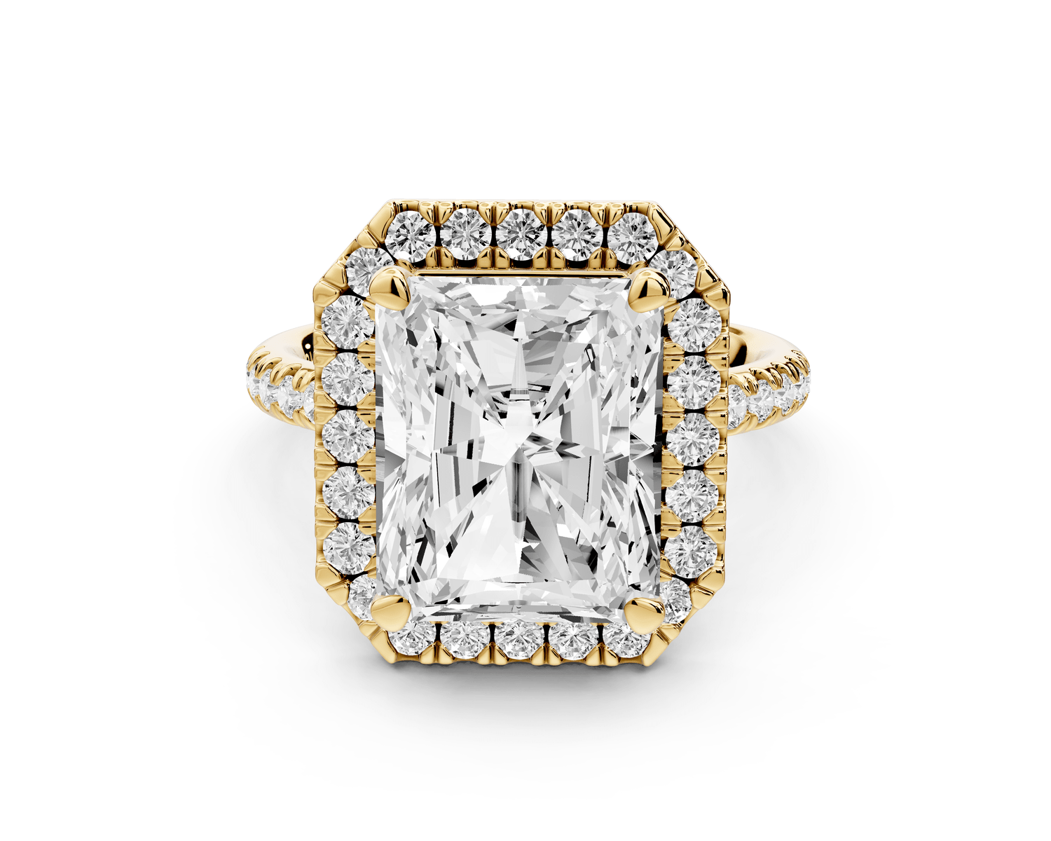 Marina - 5ct 18k yellow gold radiant halo pavé half band engagement ring - Mr. Alex Jewelry