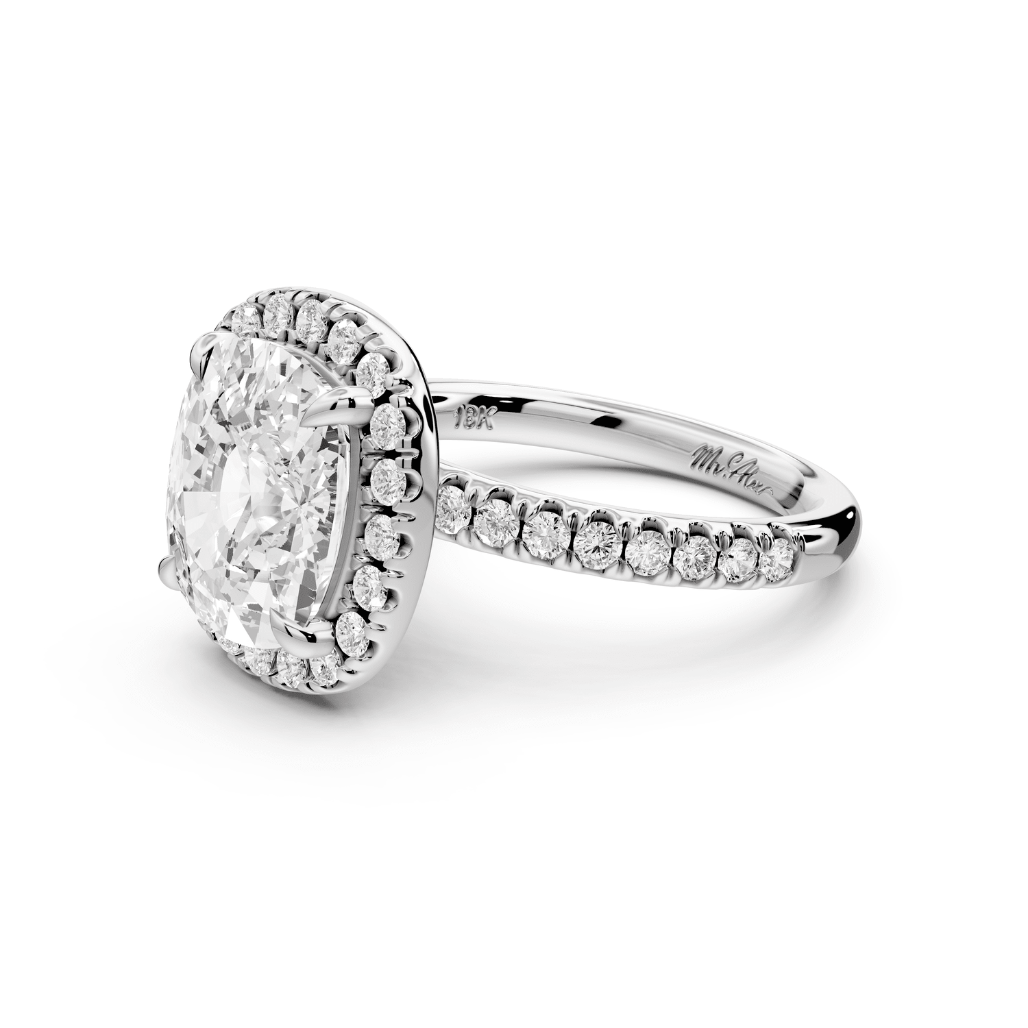 Marina - 5ct platinum cushion halo pavé half band engagement ring - Mr. Alex Jewelry