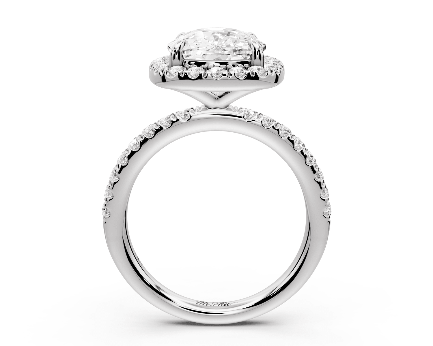 Marina - 5ct platinum ecushion halo pavé half band engagement ring - Mr. Alex Jewelry