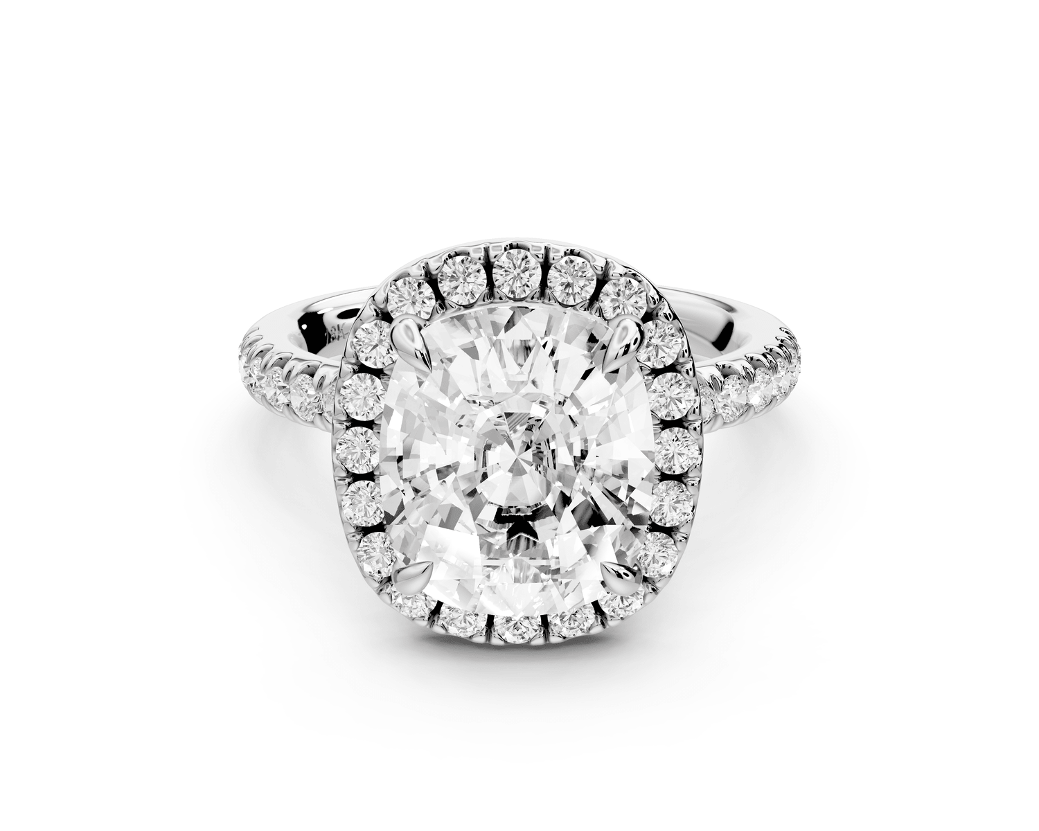 Marina - 5ct platinum ecushion halo pavé half band engagement ring - Mr. Alex Jewelry