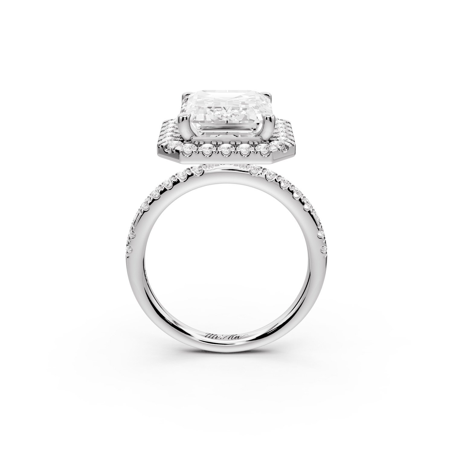 Marina - 5ct platinum emerald halo pavé half band engagment ring - Mr. Alex Jewelry