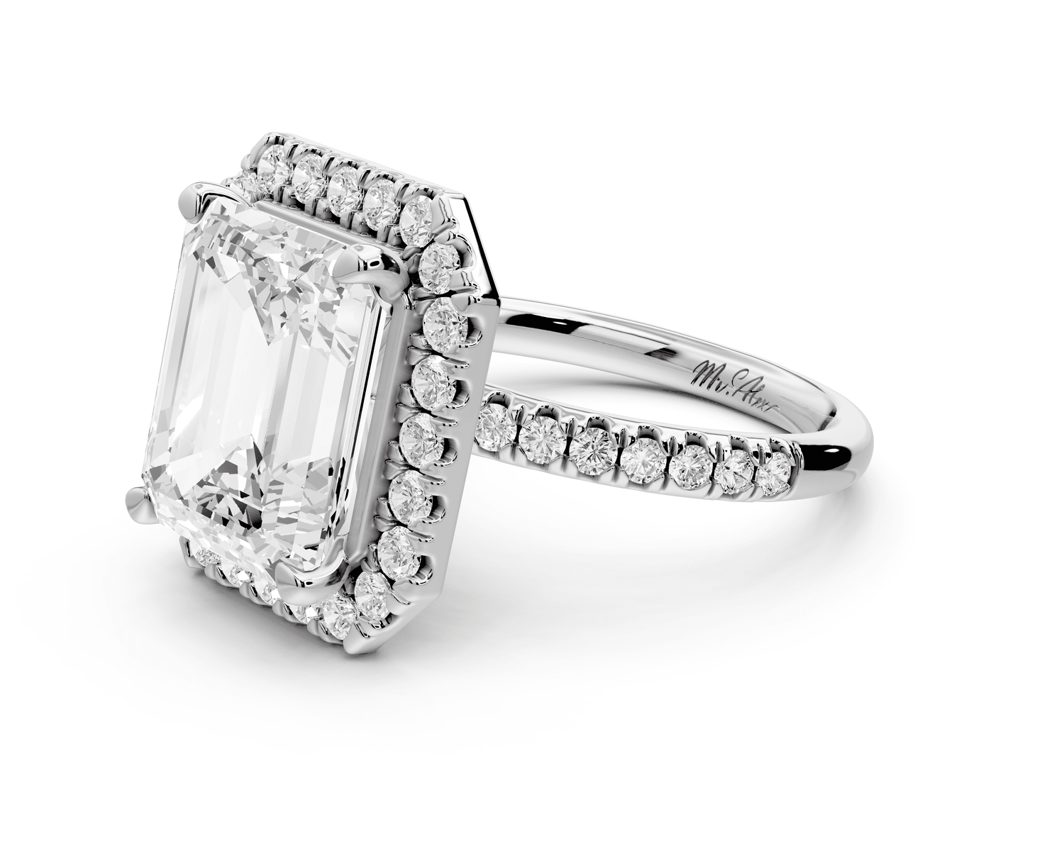 Marina - 5ct platinum emerald halo pavé half band engagment ring - Mr. Alex Jewelry