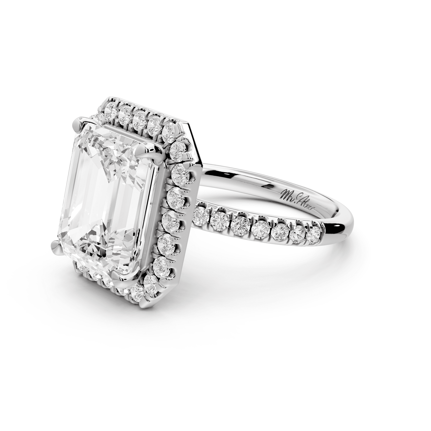 Marina - 5ct platinum emerald halo pavé half band engagment ring - Mr. Alex Jewelry