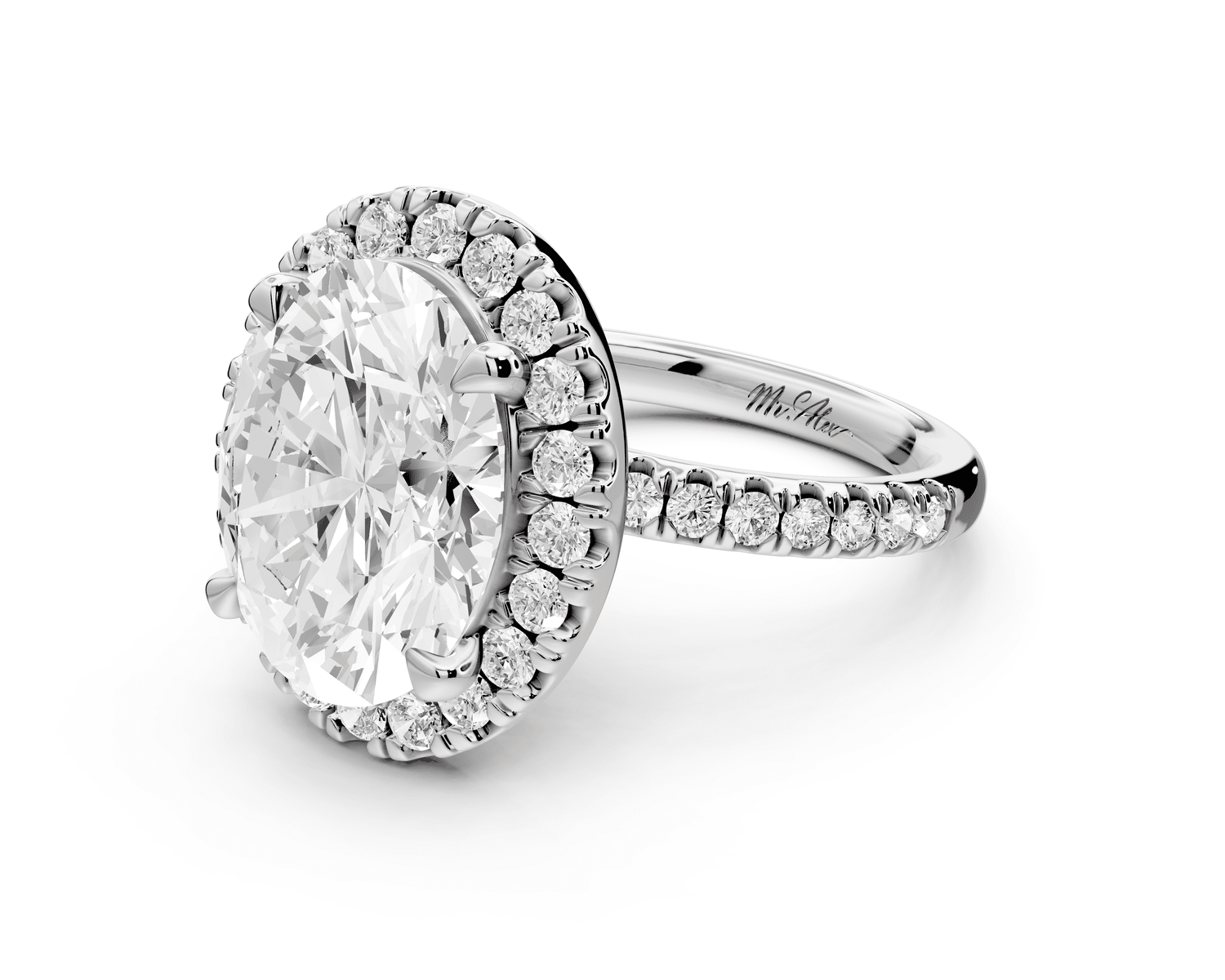 Marina - 5ct platinum oval halo pavé half band engagment ring - Mr. Alex Jewelry