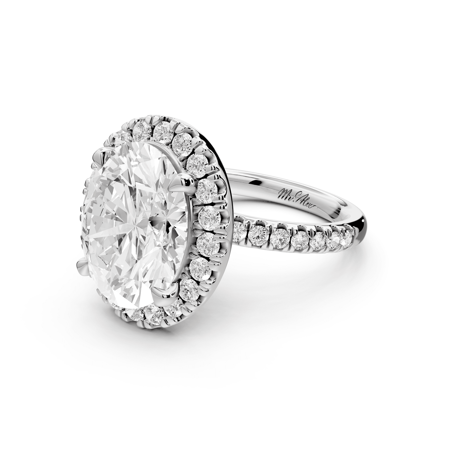 Marina - 5ct platinum oval halo pavé half band engagment ring - Mr. Alex Jewelry