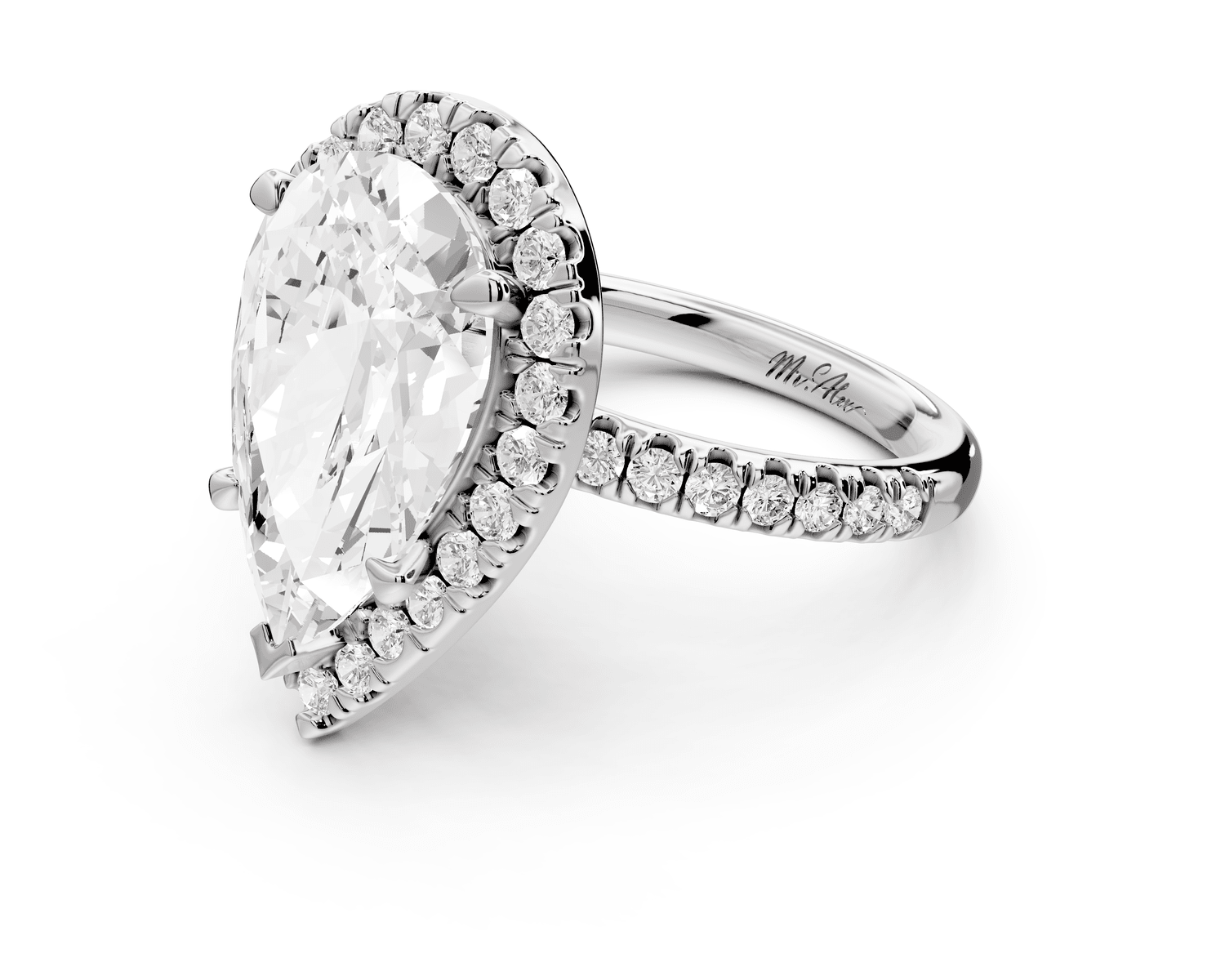 Marina - 5ct platinum pear halo pavé half band engagment ring - Mr. Alex Jewelry