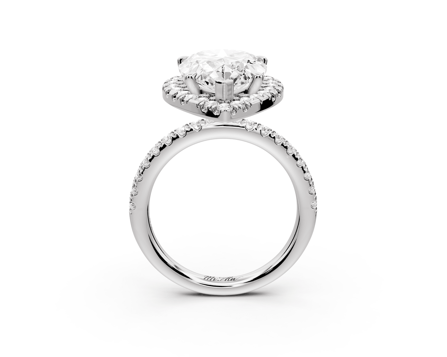 Marina - 5ct platinum pear halo pavé half band engagment ring - Mr. Alex Jewelry