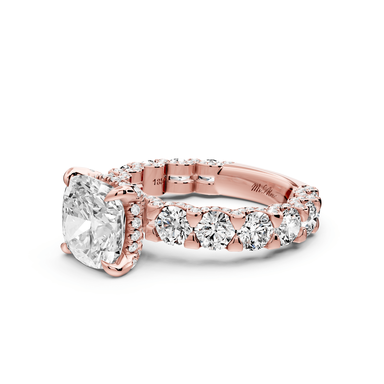 Maya - 3ct 14k rose gold Cushion Hidden Halo Engagement Ring with Halo-Set Side Stones - Mr. Alex Jewelry