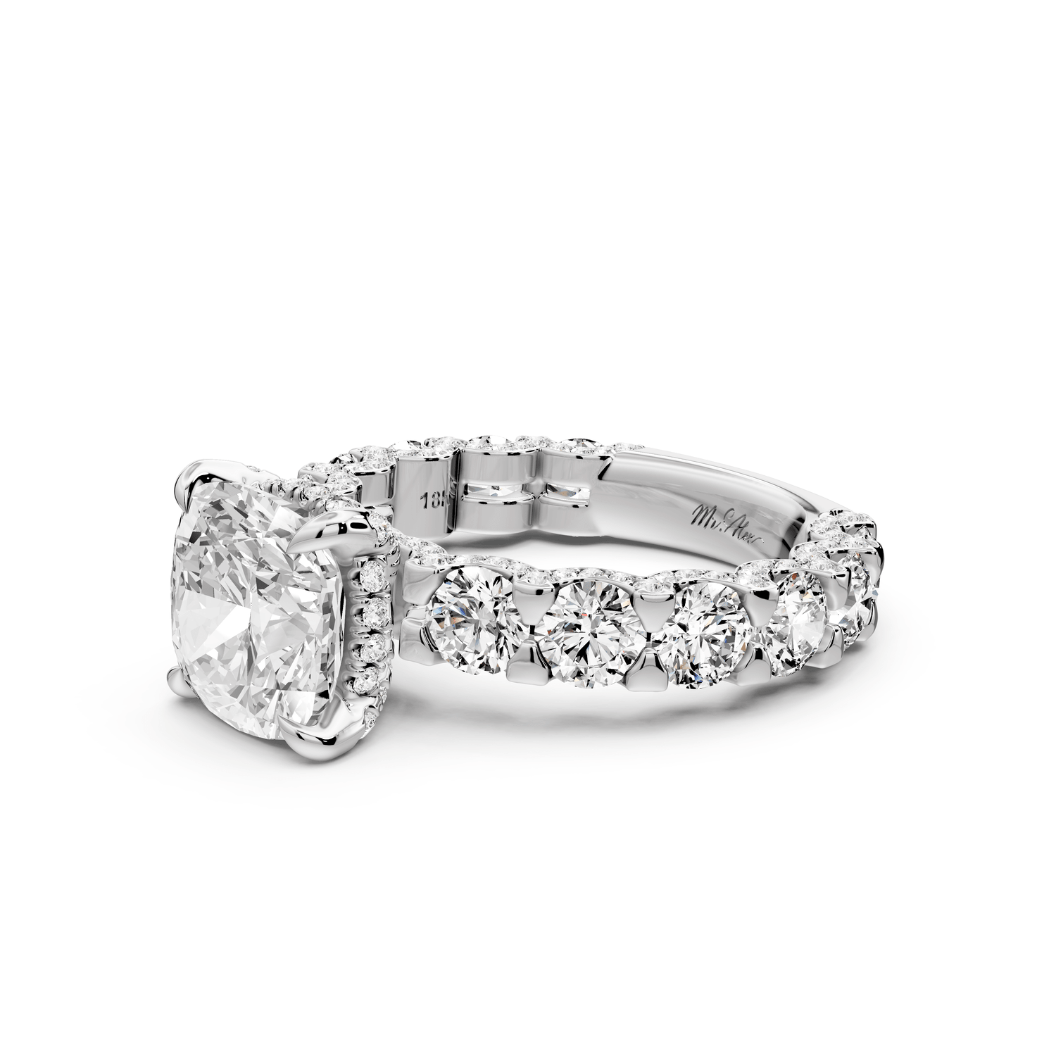 Maya - 3ct 14k white gold Cushion Hidden Halo Engagement Ring with Halo-Set Side Stones - Mr. Alex Jewelry