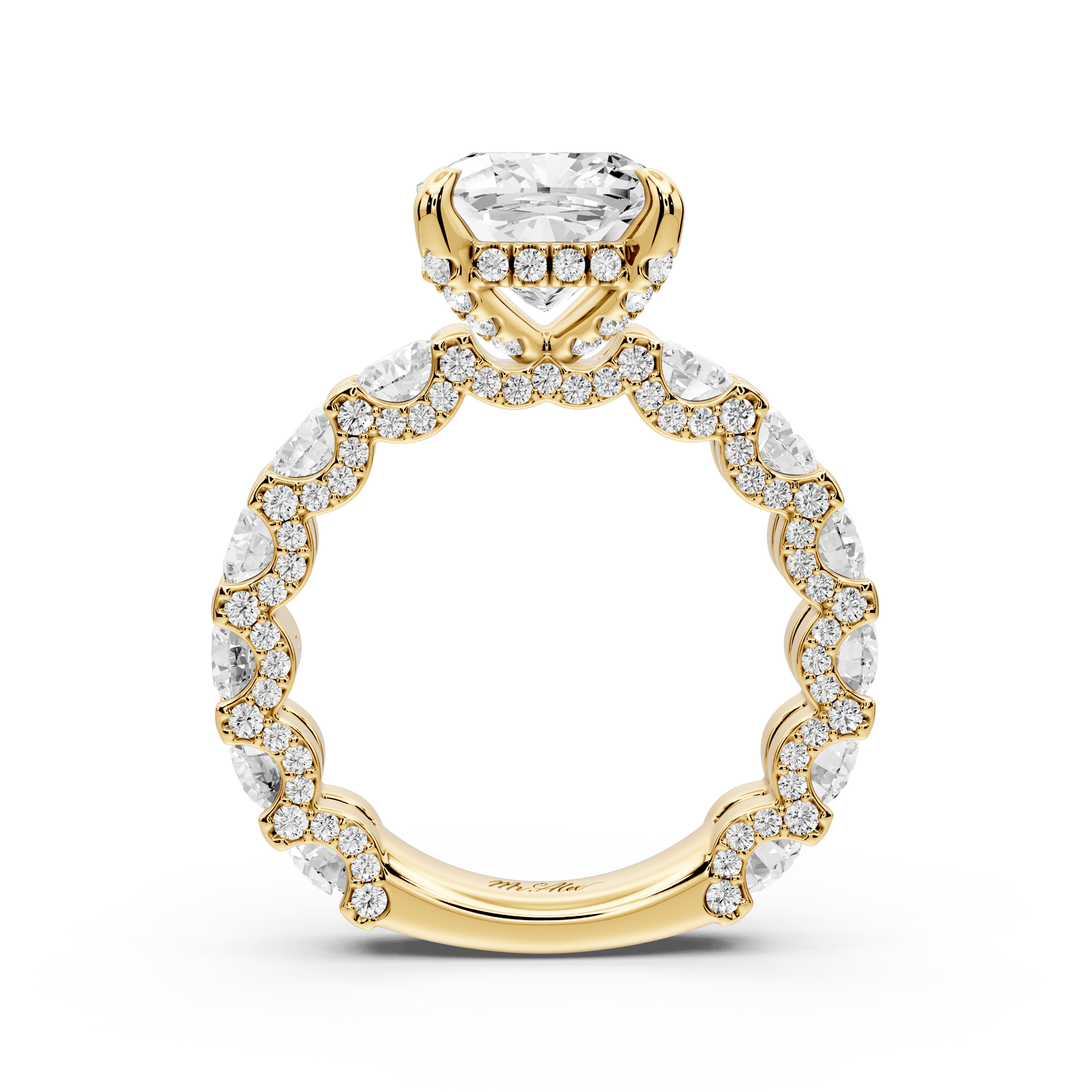 Maya - 3ct 18k yellow gold Cushion Hidden Halo Engagement Ring with Halo-Set Side Stones - Mr. Alex Jewelry