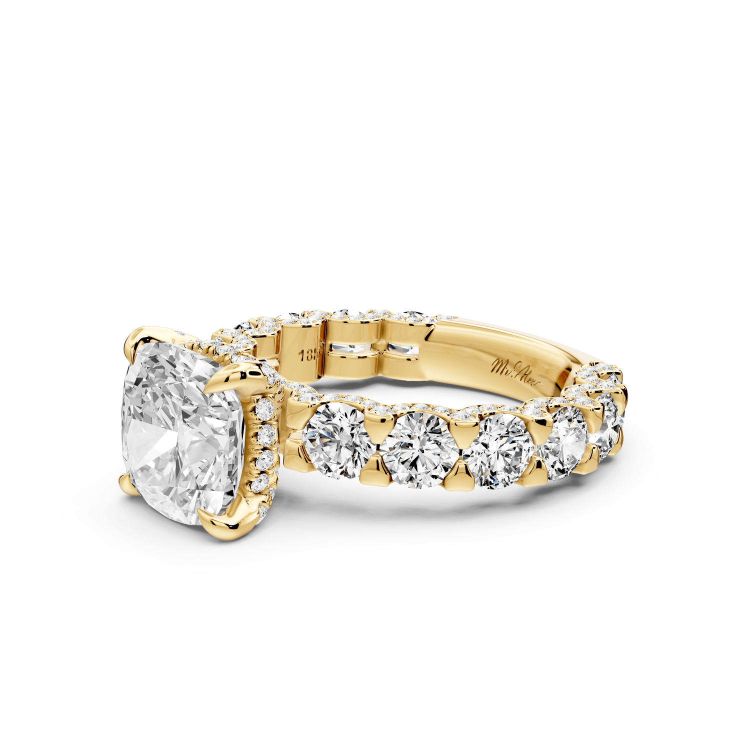 Maya - 3ct 18k yellow gold Cushion Hidden Halo Engagement Ring with Halo-Set Side Stones - Mr. Alex Jewelry